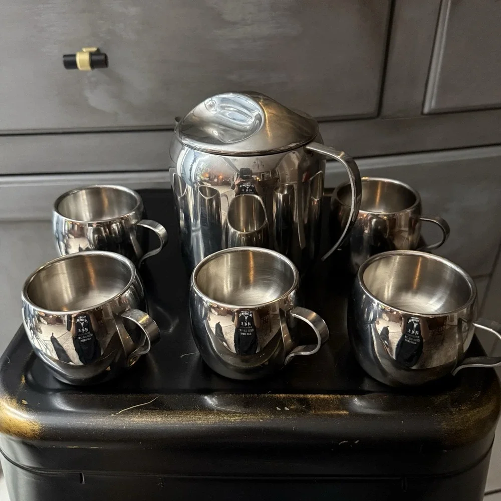 Vintage MCM 6 Pc Tramontina Stainless Steel Double Wall Espresso Tea Cups Carafe